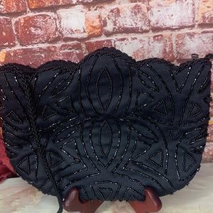 Black Satin Beaded Crossbody Clutch Evening Bag